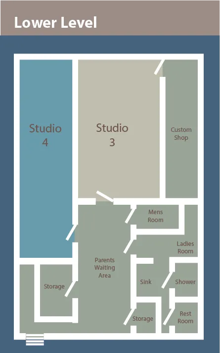 Lower level floor plan of Kansas School of Classical Ballet's studios.