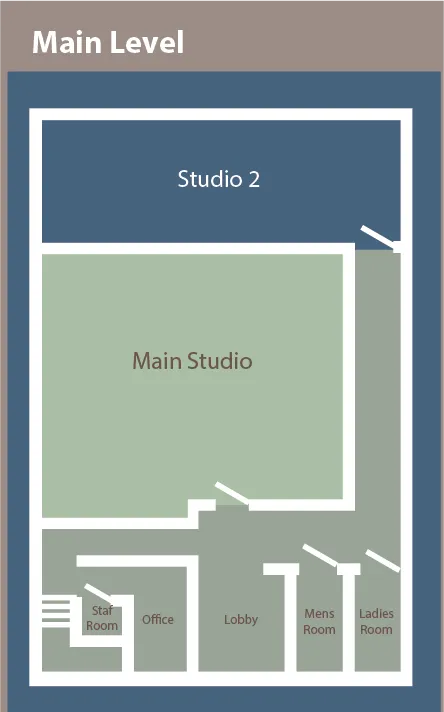 Main floor plan of Kansas School of Classical Ballet's studios
